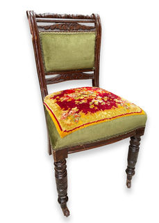 Dining Chair #31 Green Tapestry Victorian (H: 90cm W: 46cm D: 43cm)