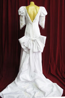 Wedding Dress Mutton Chop Sleeves Large Bow, Back View        