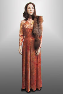 Evening Gown Pink/Peach Velvet with High Cross Neck 1940s