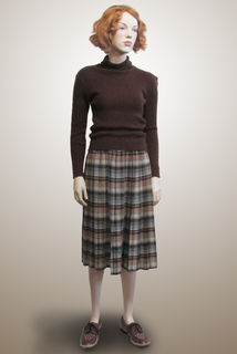 Checked Pleated Skirt with Brown Knit Top 1960s
