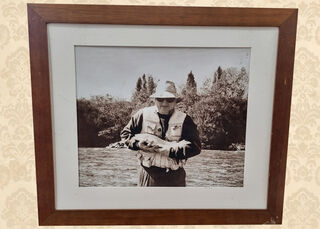 Framed Black & White Trout Fisherman (H: 50cm W: 58cm)