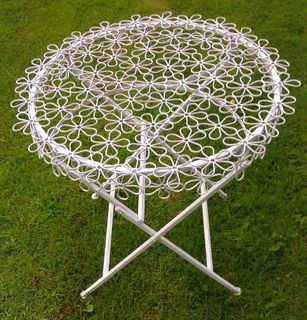 Table. White Wrought Iron Folding. Flower Design.
