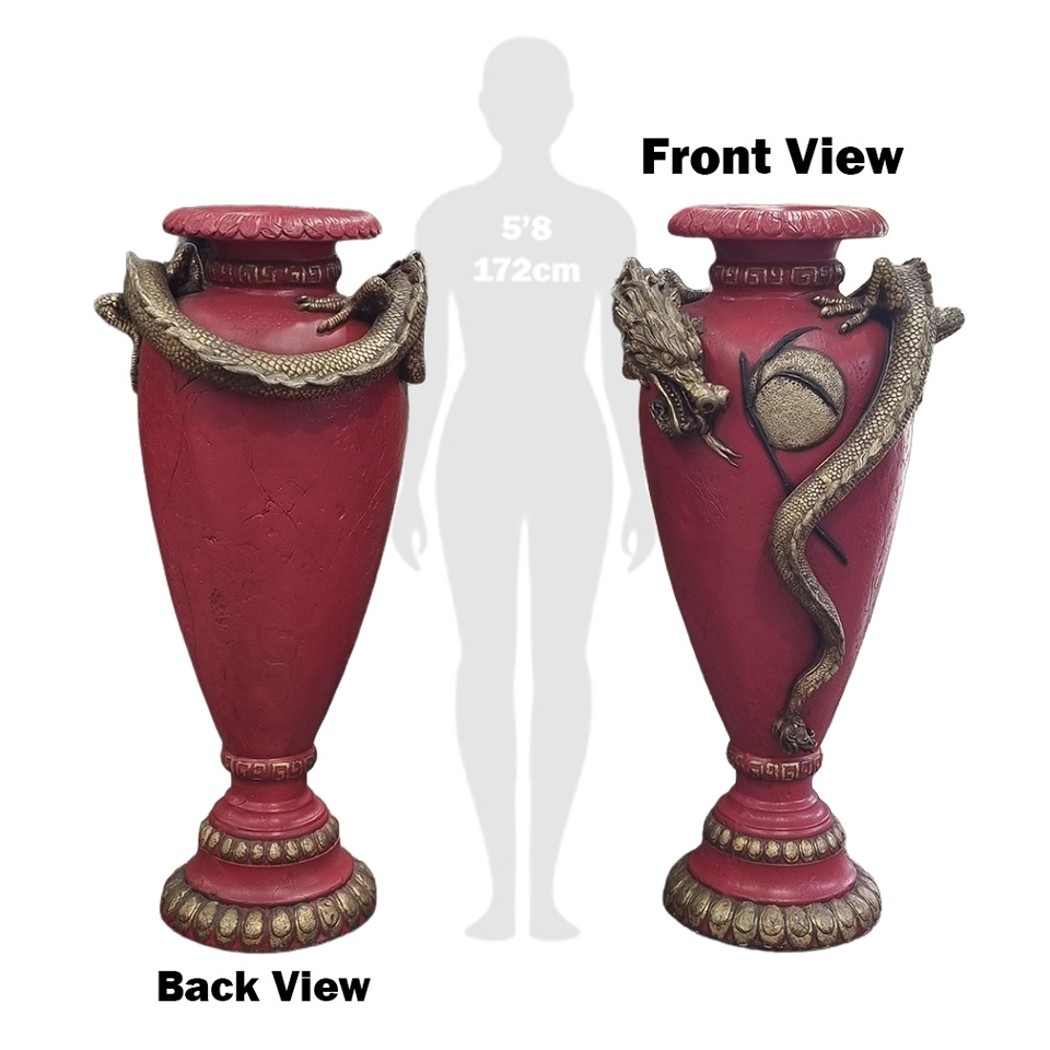 Urn (A) Chinese Dragon Red + Gold (H: 1.4m x W: 0.7m Dia top opening: 0.2m x Dia Base: 0.42m)