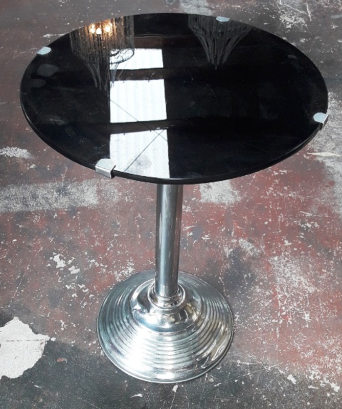 Art Deco Coffee Table w/ Black Glass Top Round (H.0.48m D 0.36m