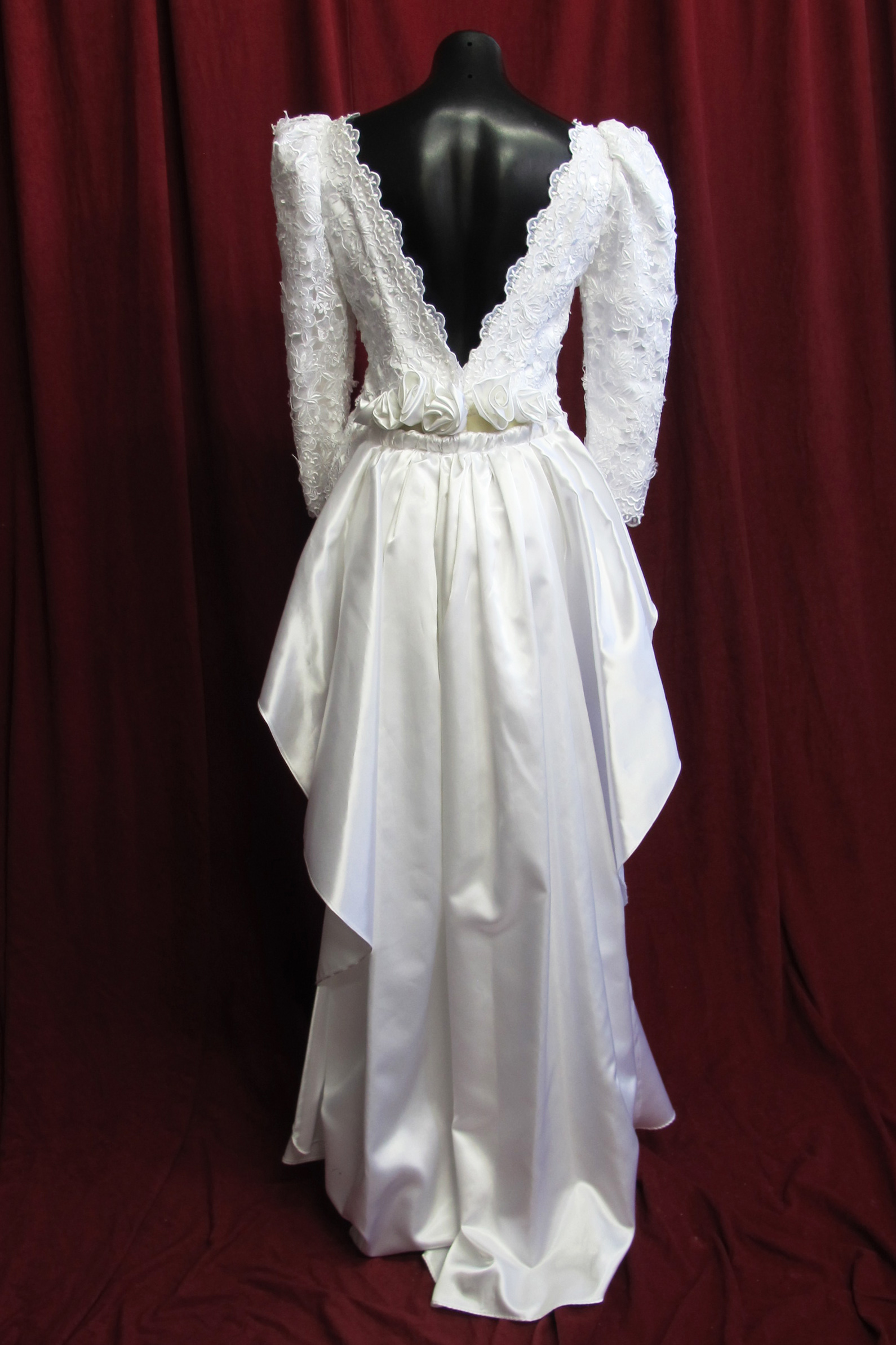 Wedding Dress Brocade Mutton Chop Sleeves Satin Train sz. 10 45320128 Back View