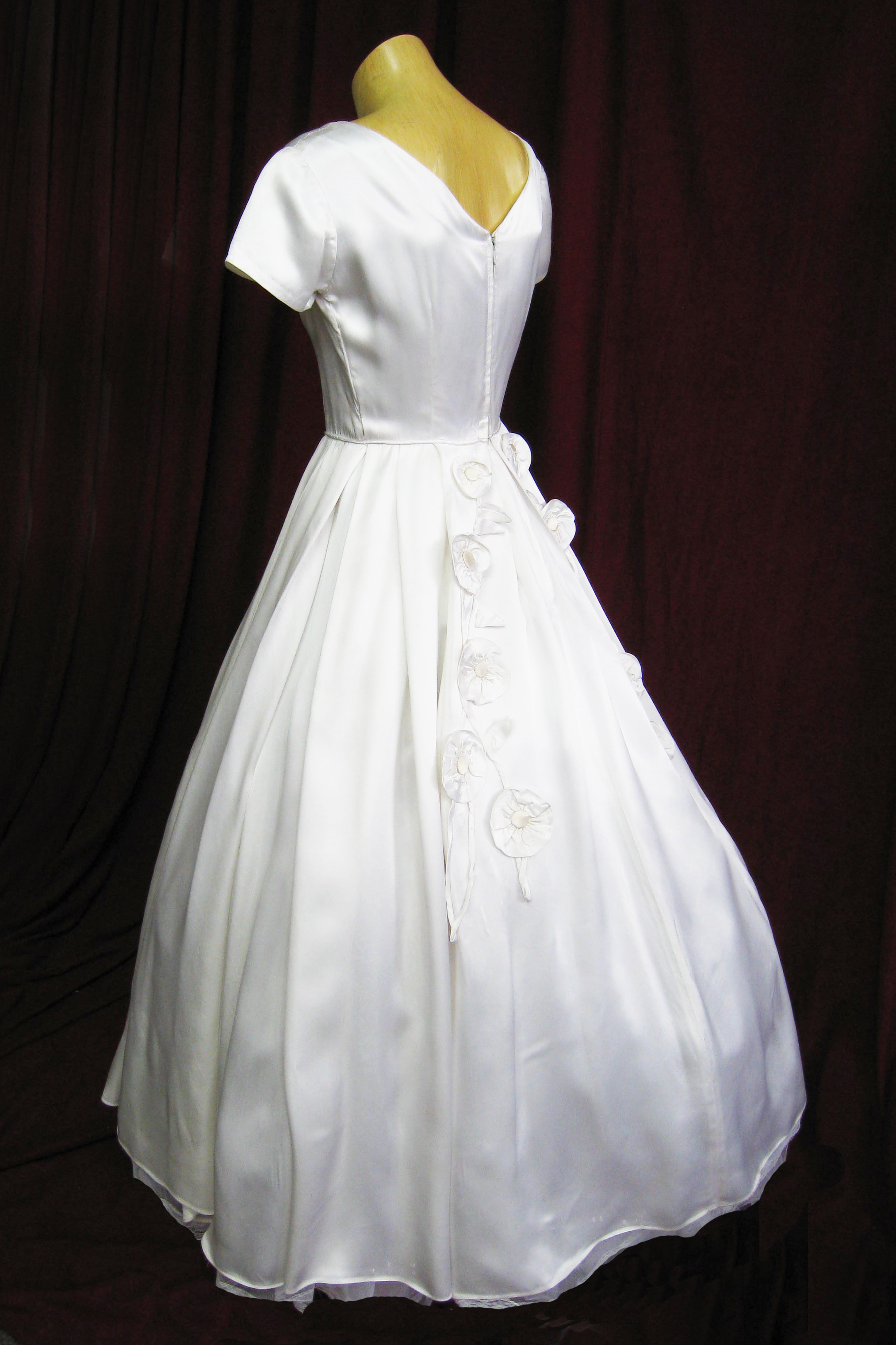 Wedding Dress 1950s White Satin Short Sleeves Back View