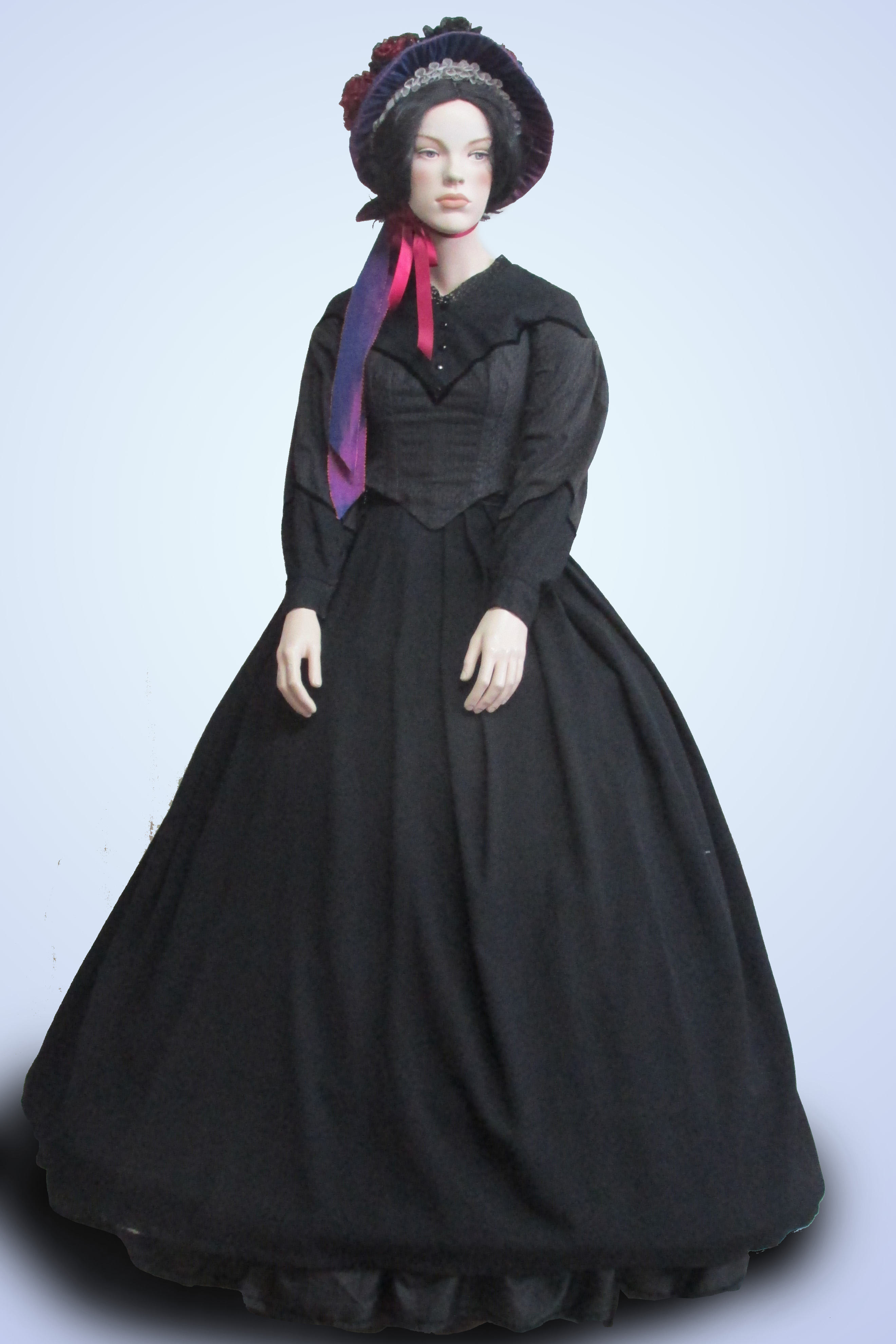 Black 2 Piece with Hoop and Bonnet Mid 1800s