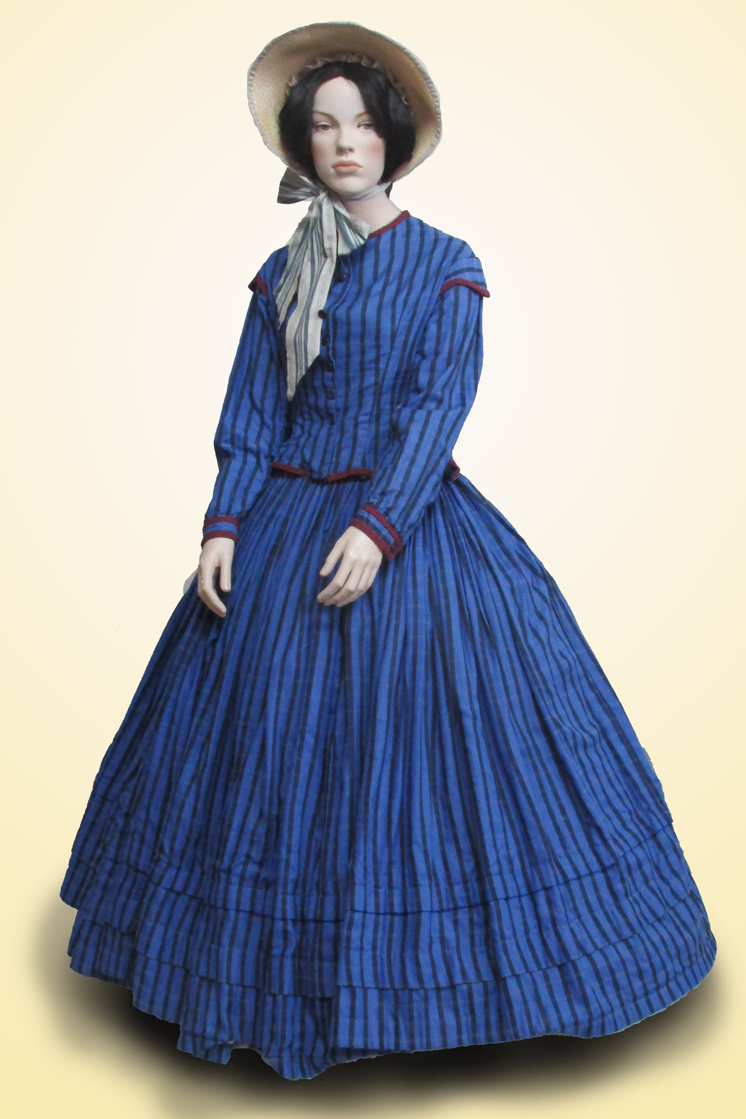 2 Piece Blue Check with Hoop with Straw Bonnet Mid 1800s