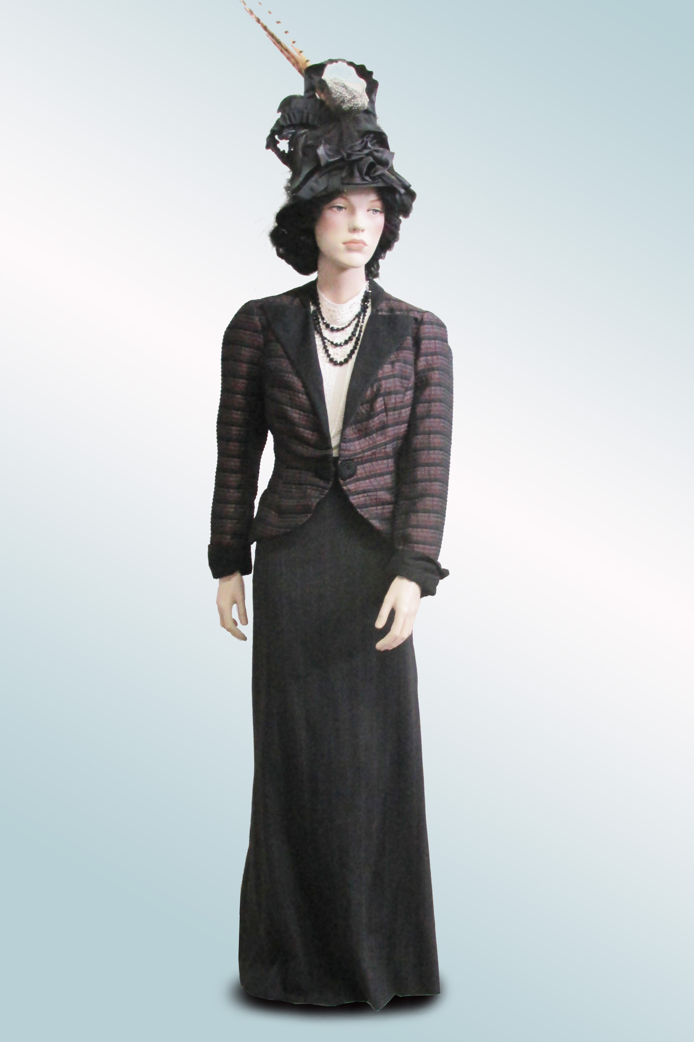 Skirt and Maroon Stripe Taffeta Jacket with Hat with Feathers 1900s