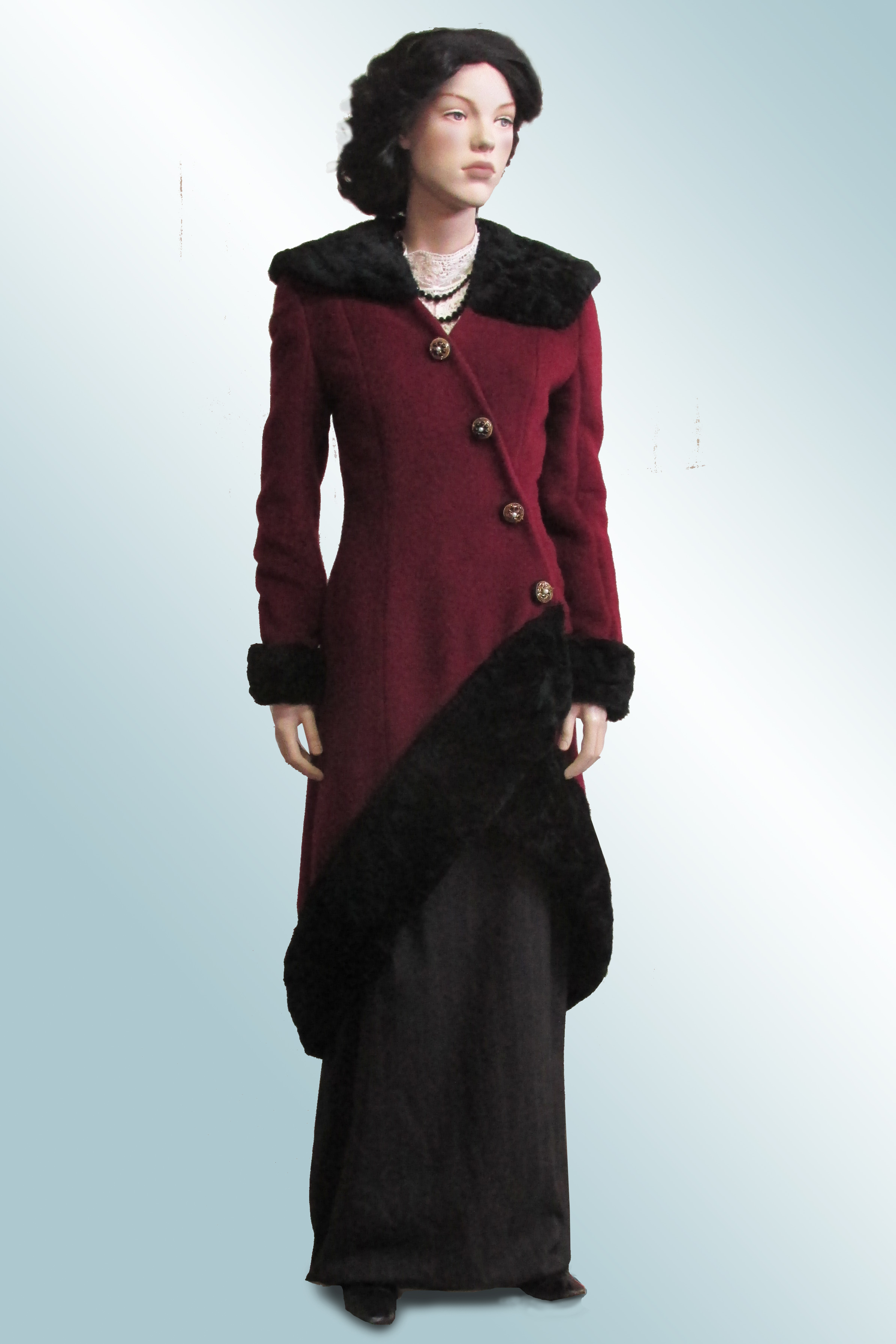Maroon Wool Coat with Fake Astrakhan Collar and Trim, 1900s