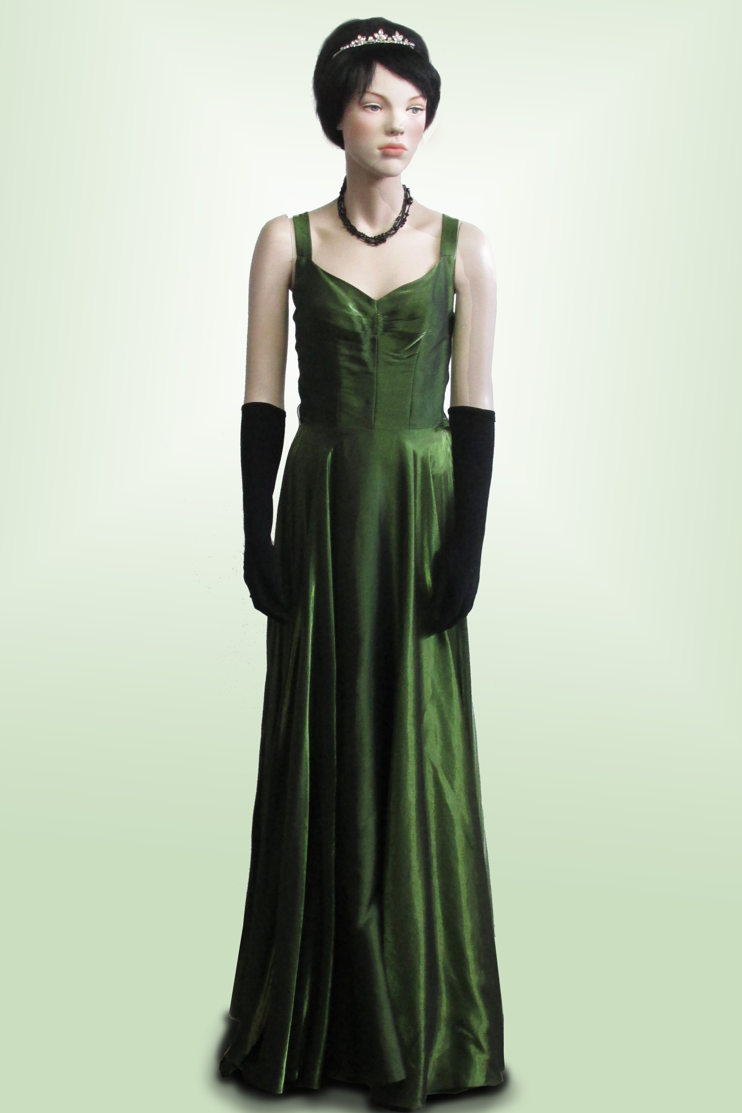 1930S Emerald Green Bias Cut Acetate Duchess Satin Open Back Ruffled ...