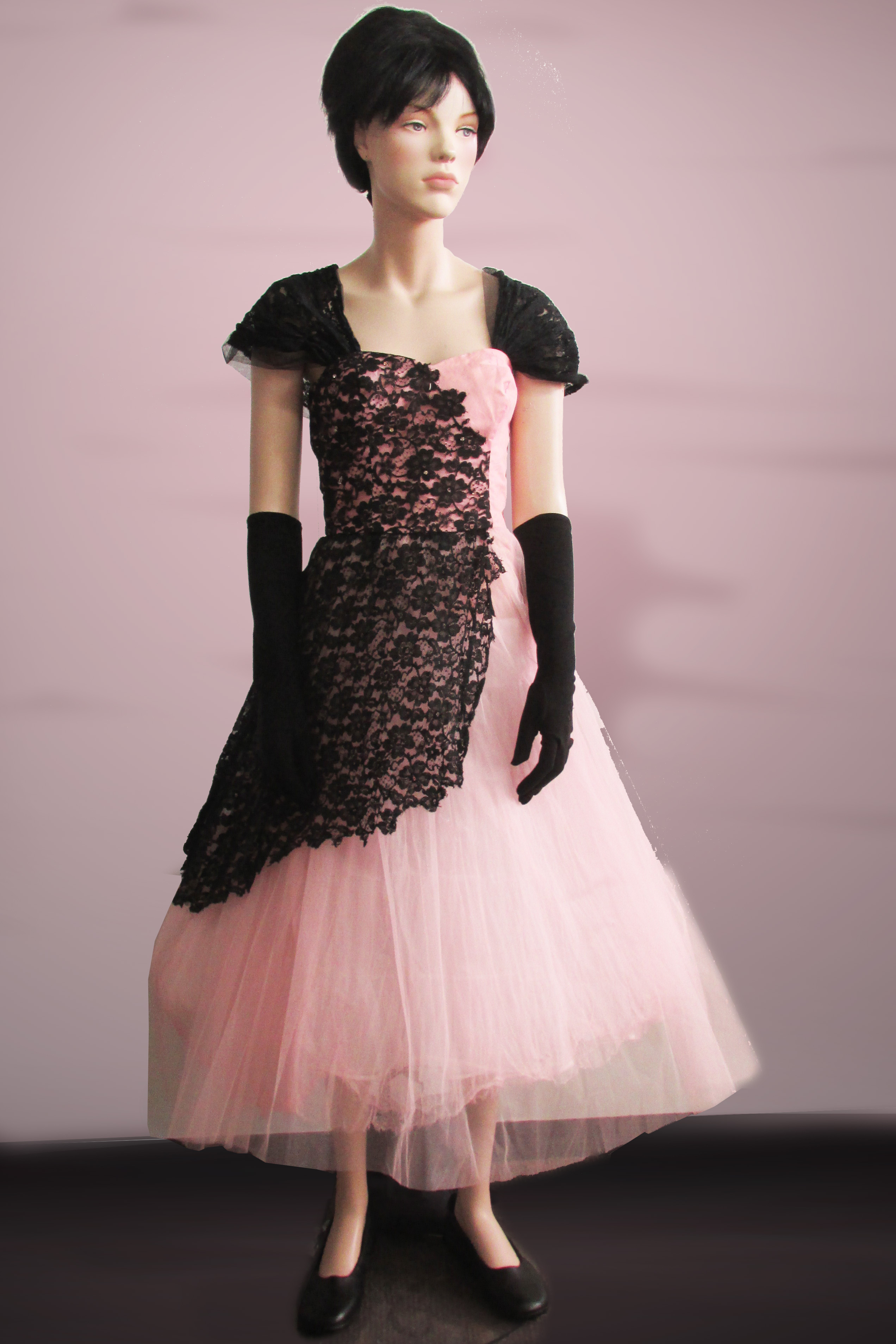 Cocktail Dress Pink Tulle with Black Lace 1950s