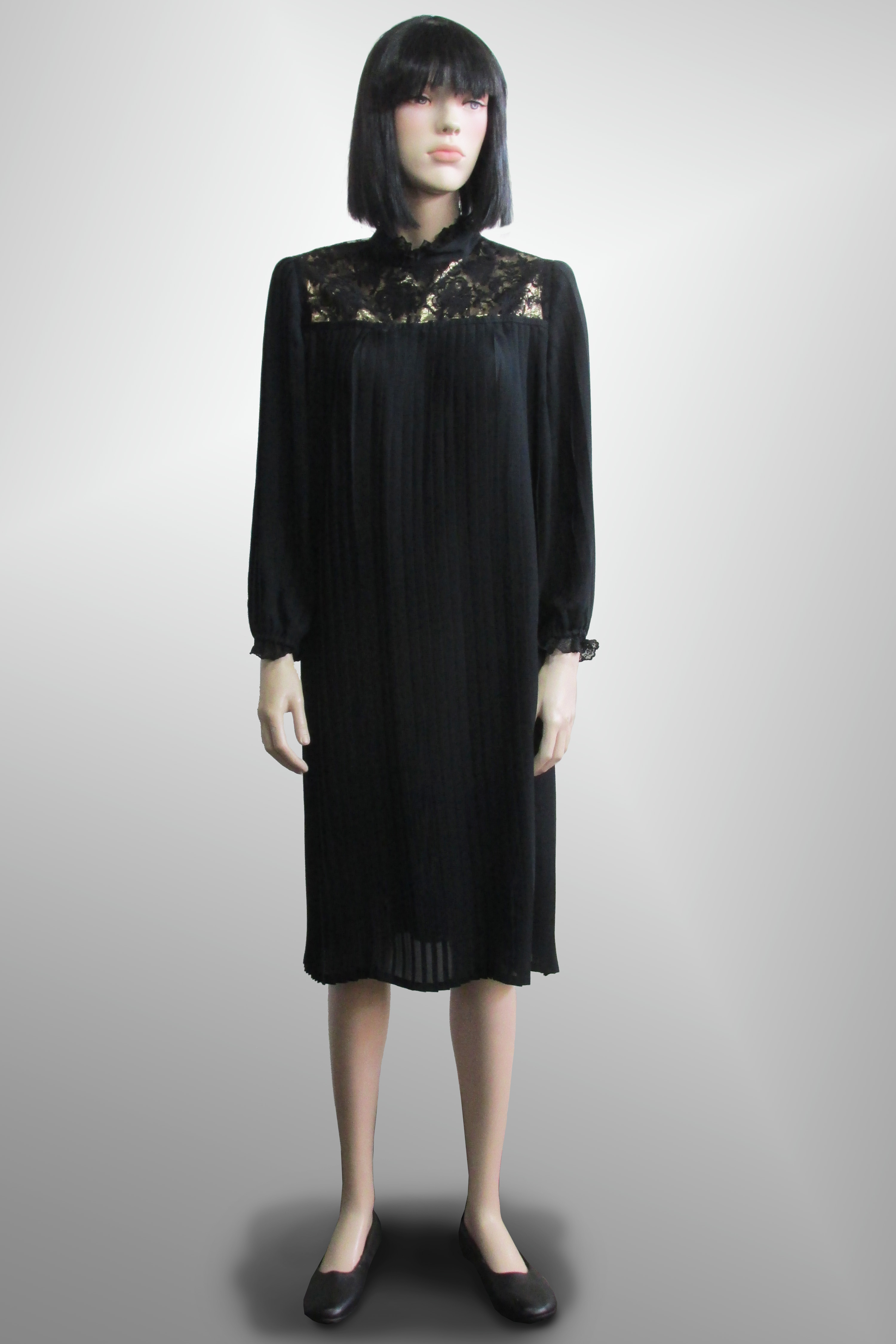Dress Black Chiffon Pleated with Gold Detail