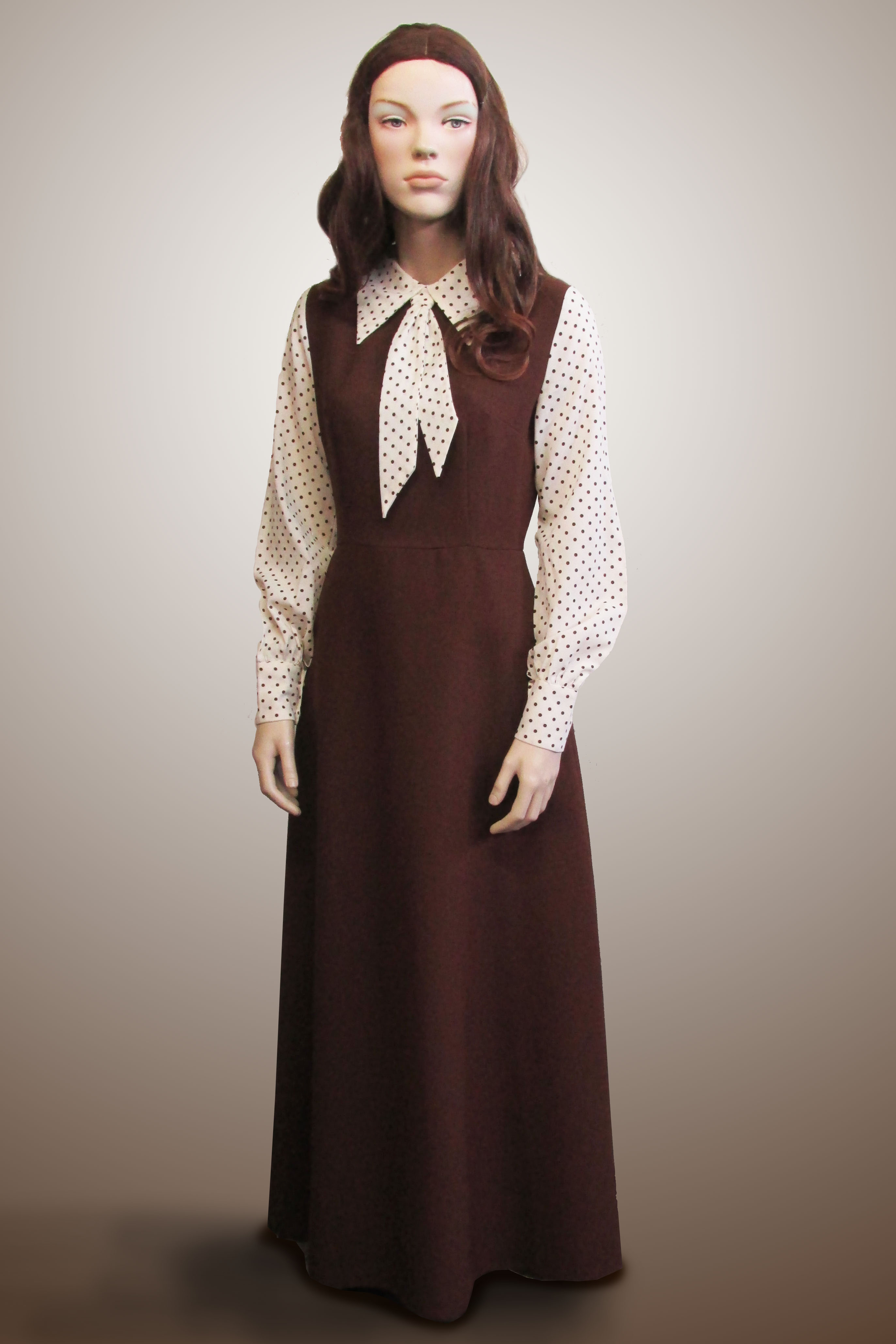 Dress Long Brown with White with Spots Sleeve 1970s