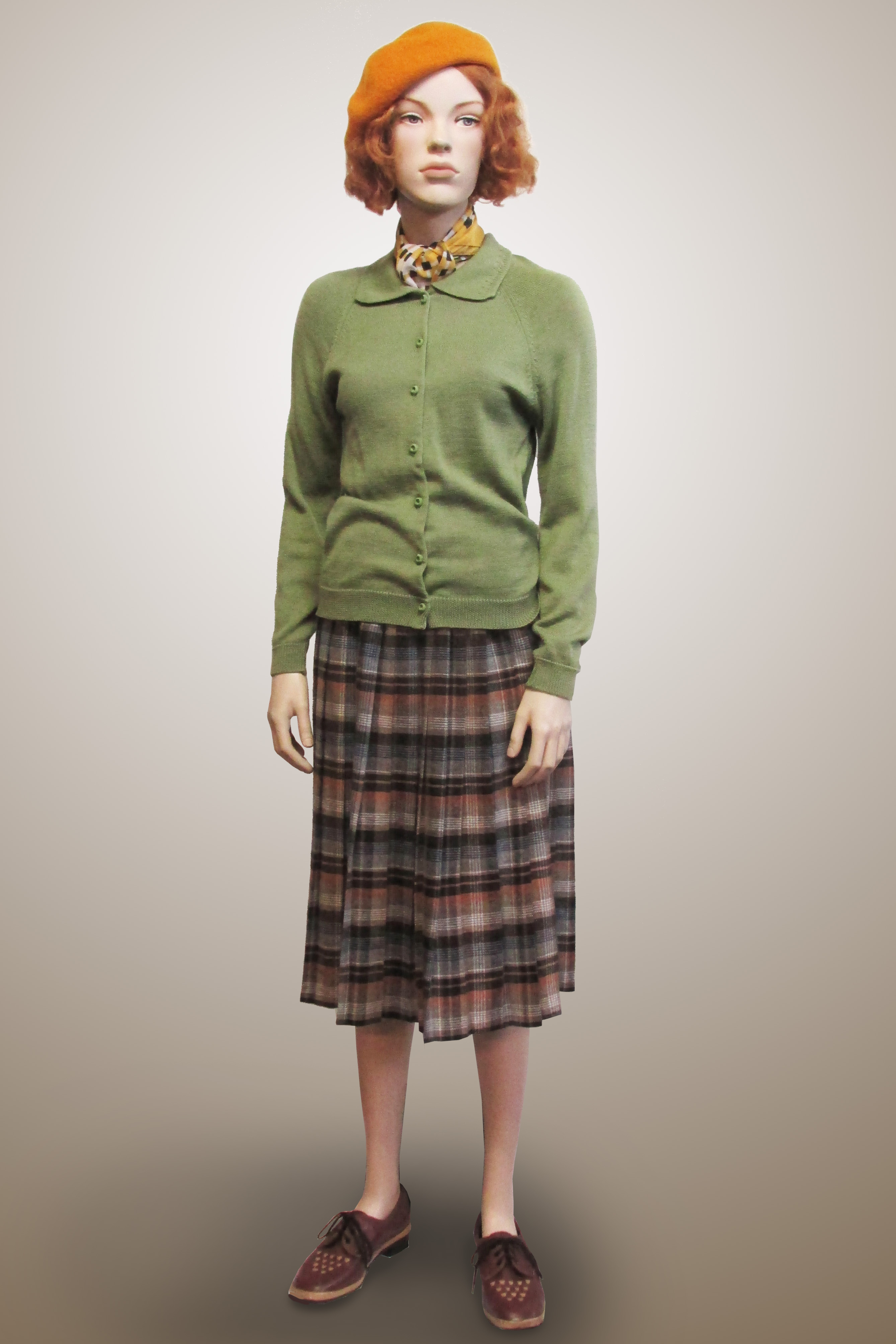 Checked Pleated Skirt with Green Cardigan 1960s
