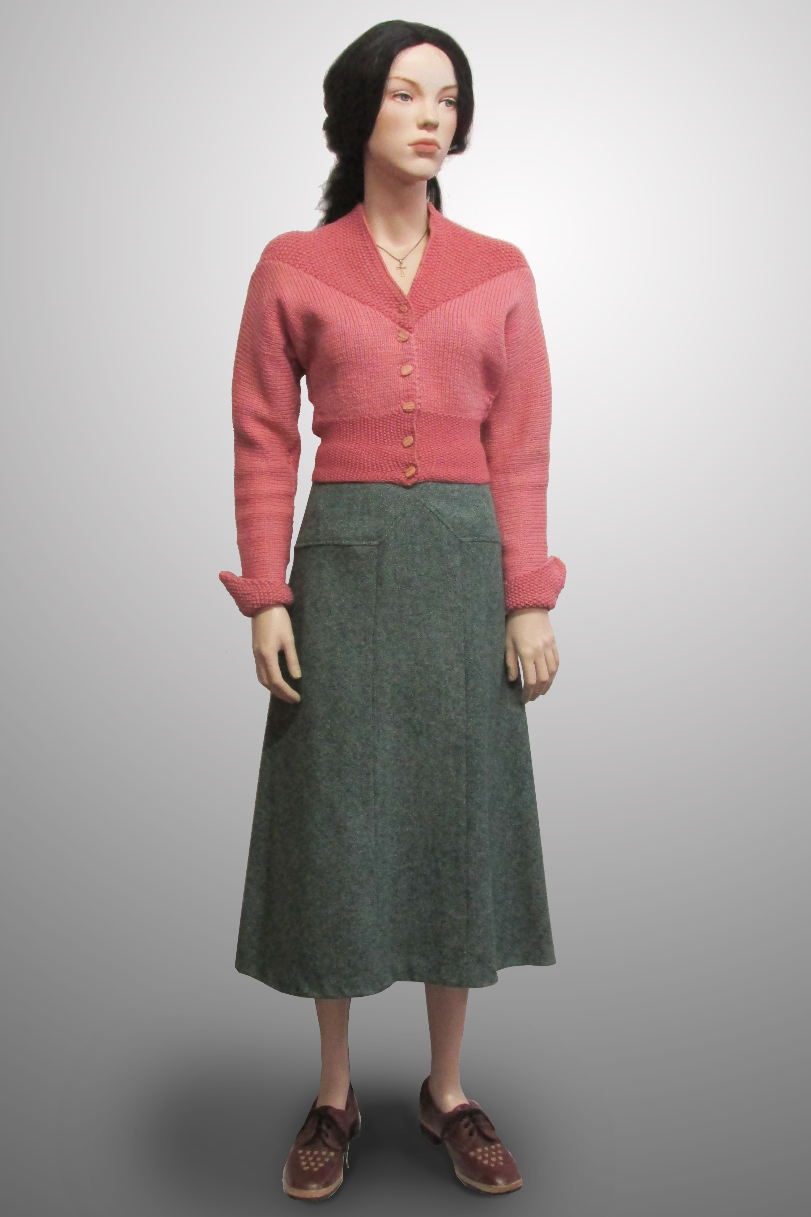 Pink Cardigan with Green Skirt 1940s/50s