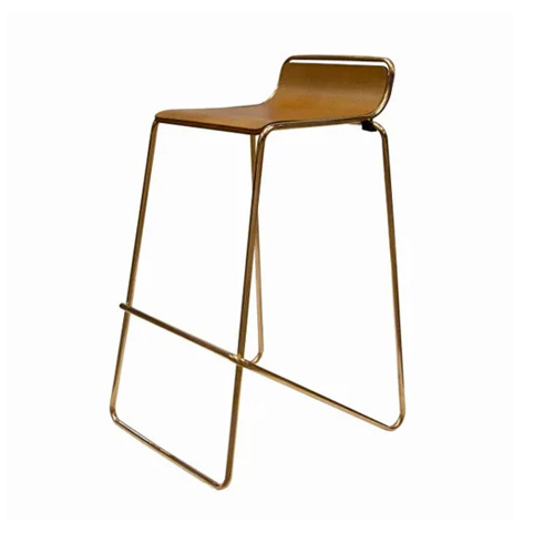 Stool Ideal. Gold brass frame with woodgrain seat.