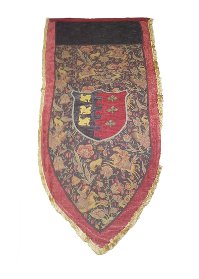Medieval Banner - Rustic Wooden W/ Red Fabric and Shield