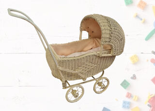 Pram # 4 - 30's/40's Dolls Pink & White Wicker (L:0.9m, H:0.7m, W:0.4m)