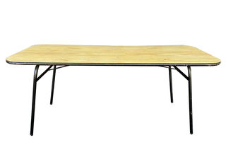 Worn Wooden Trestle Table Rounded w/ Black Metal Legs (L: 1.82m x D: 0.75m x H: 0.75m)