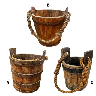 Wooden Pail/Bucket Assorted w/ Rope Handle (H: 26cm x Dia 28cm Approx)