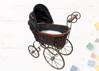 Pram # 6 - Victorian Wood & Leather (L:0.68m x H:0.83m x W:0.35m)