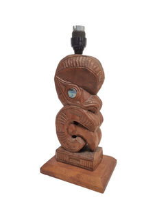 Wooden Carved Table Lamp w/ Shade #8 (H: 33cm x L: 15cm x W: 11cm) - Not Working