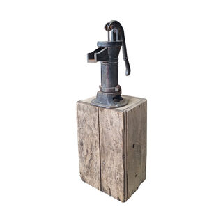 Old Fashioned Water Pump Mounted on Wood Block (H: 86cm x L: 30cm x W: 24cm)