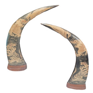 Decorative Bull Horn Pair w/ Engraved Dragon & Tiger (H: 44cm x L: 27cm x W: 9cm)