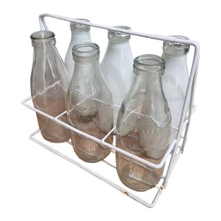 Milk / Cream Bottles Glass Holder 6 Pack w/ Bottles (H: 24cm x L: 28cm  x W: 18cm)