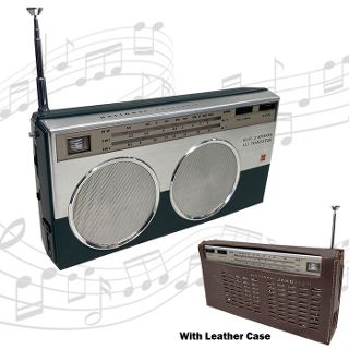 Radio Small #16 National Panasonic 60’s Chrome & Green w/ Brown Leather Case (H: 15cm x L: 27cm x D: 6cm)