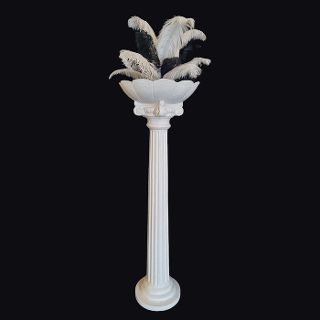 White Planter Column With Black & White Feather Arrangement