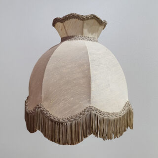 Table Lamp Shade #35 - Bell w/ Scalloped edge - Off White & Light Brown w/ Tassel Trim (H: 21cm x Top: 14cm x Bottom: 26cm)
