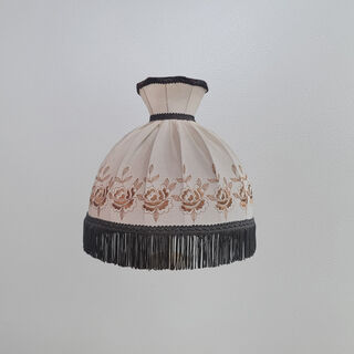 Table Lamp Shade #37 - Bell  - Beige & Tan Flowers w/ Dark Brown Trim & Tassel (H: 25cm x Top: 13cm x Bottom: 31cm)