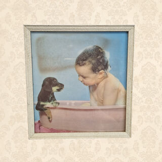 Baby and Puppy In Tub Photograph Framed (H: 25cm x W: 23cm)