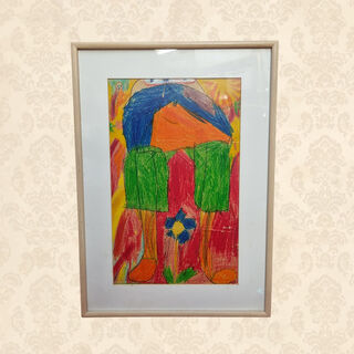 Framed Kid’s Drawing - Orange Legs w/ Green Pants (H: 57cm x W: 40cm)