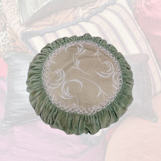 Cushion Round - Faded Green w/ Ruffle & Lace (D: 40cm x D: 10cm)
