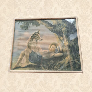 Framed Poster - Child w/ Dog Under Tree (H: 31cm x W: 56cm)