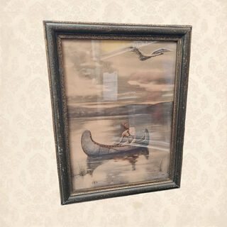 Framed Print Native American in a Canoe (H: 35cm x W: 27cm)