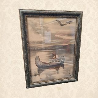 Framed Print Native American in a Canoe (H: 35cm x W: 27cm)