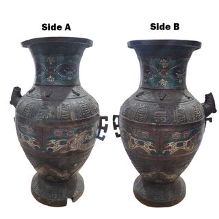 Japanese Bronze Champleve Enamel vase w/ Pre existing damage (H: 36cm x Base Dia: 14cm x Top Dia: 15.5cm)