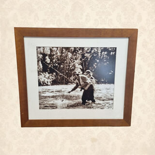 Framed Black & White Trout Fisherman in River (H: 50cm x W: 58cm)