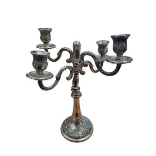 Silver Table Candelabra Crooked 4pt w/ Spinning  Arms (H: 35cm x W: 32cm x D: 32cm)