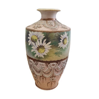 Porcelain Vase - Nippon W/ Moriage Decoration Pink, Gold & Cream w/ Daisies (H: 33cm x Base Dia: 10.5cm x Opening Dia: 9 cm)