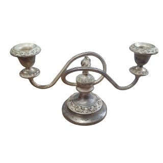 Silver Table Candelabra 2pt w/ Curved Arms (H: 15cm x W: 27cm x D: 10cm)