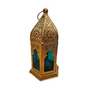 Arabian Style Table Lantern, Gold & Blue w/ Hoop for hanging - For Tea Light Candles (H: 16cm x W: 8cm x D: 8cm)