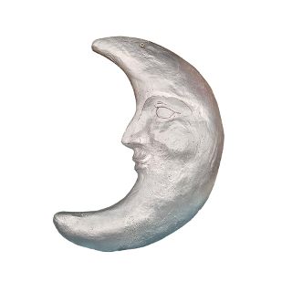 Hanging Paper Mache Crescent Moon w/ Face - Sliver (H: 40cm x W: 30cm x D: 10cm)