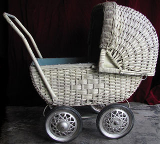 Pram # 3 - 30's/40's Dolls Blue & White Wicker (L:0.7m, H:0.7m, W:0.4m)