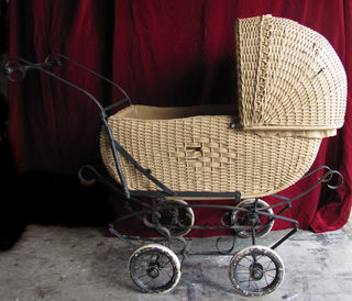 Pram # 5 - 30's/40's Tan Wicker & Wrought Iron Frame (L:1.2m, H:0.9m, W:0.4m)